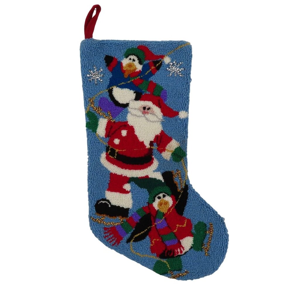Ice Skating Santa Claus Penguins Wool Loop Christmas Stocking Holiday Xmas